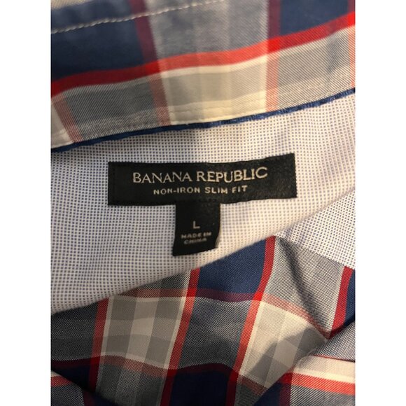 Banana Republic Mens Non-Iron Slim Fit Plaid Button-Up Shirt L Red/Blue - Picture 3 of 6